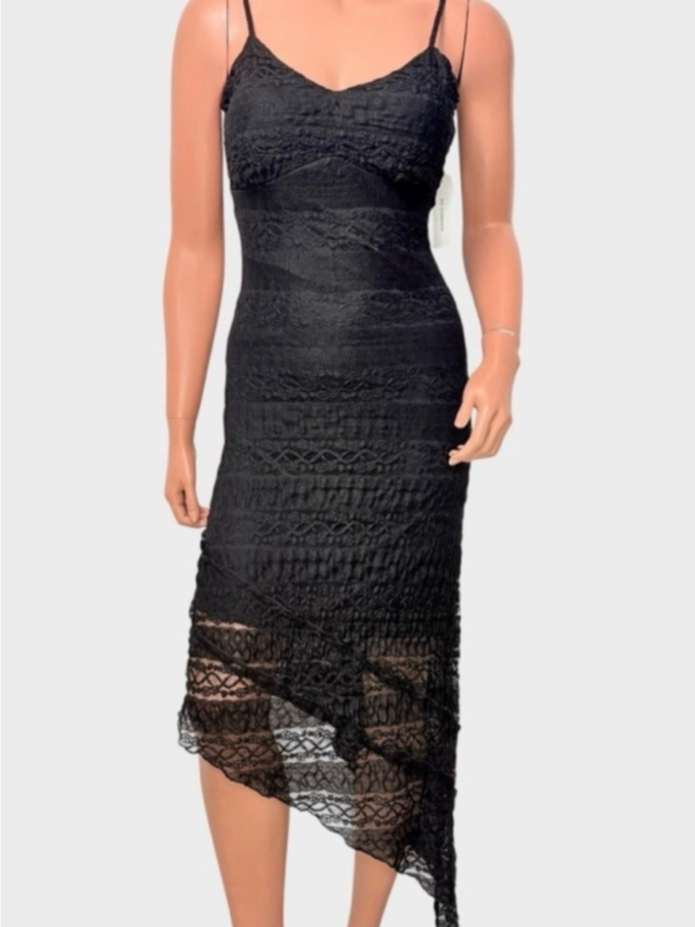 90s Deadstock Black Lace Mesh Midi Dress Asymmetrical Hanky Hem M Fairy Grunge - Picture 10 of 13